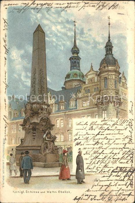 DRESDEN Elbe Koenigliches Schloss Wettin Obelisk Litho