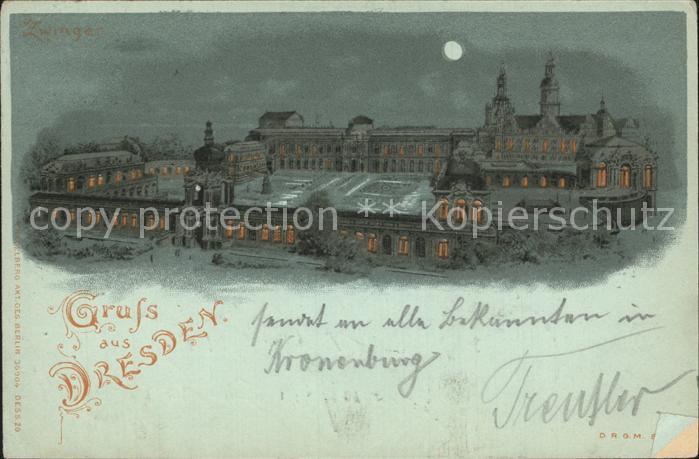 DRESDEN Elbe Zwinger im Mondschein Litho