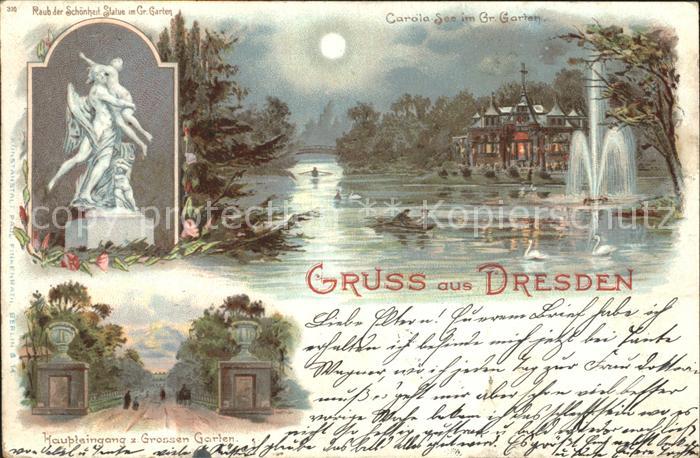 DRESDEN Elbe Haupteingang Grosser Garten Statue Carolasee Litho
