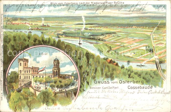 Cossebaude Blick vom Osterberg nach der Niederwarthaer Bruecke Hotel Litho