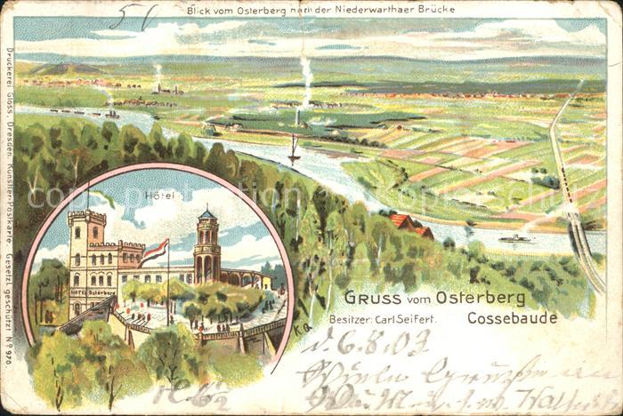 Cossebaude Blick vom Osterberg nach der Niederwarthaer Bruecke Hotel Litho