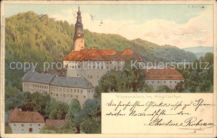 Weesenstein Ortsansicht mit Kirche Kuenstlerkarte