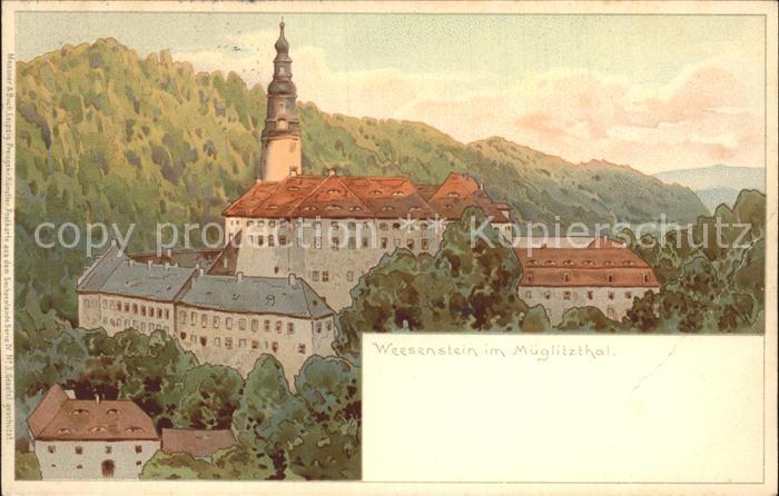 Weesenstein Ortsansicht mit Kirche Kuenstlerkarte