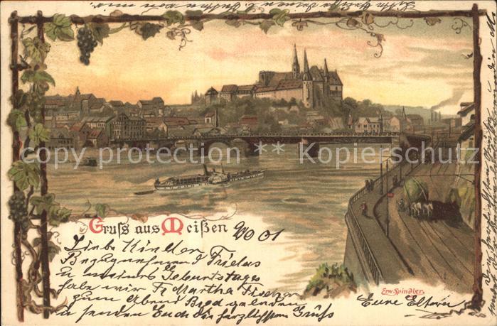 Meissen Elbe Sachsen Elbbruecke Burgberg Albrechtsburg Kuenstlerkarte