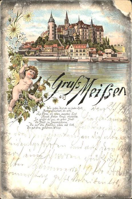 Meissen Elbe Sachsen Burgberg Albrechtsburg Gedicht Wein Litho