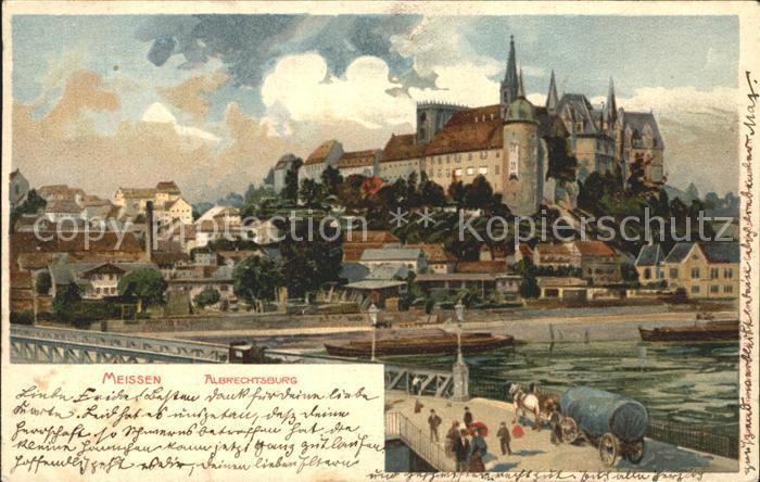 Meissen Elbe Sachsen Burgberg Albrechtsburg Elbbruecke Kuenstlerkarte