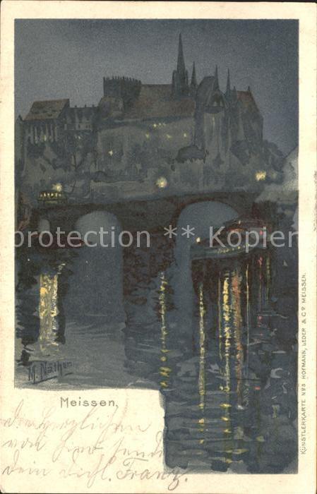 Meissen Elbe Sachsen Elbbruecke Burgberg Albrechtsburg bei Nacht Kuenstlerkarte