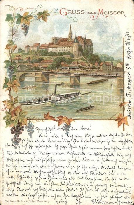 Meissen Elbe Sachsen Elbbruecke Dampfer Burgberg Albrechtsburg Litho Reichspost