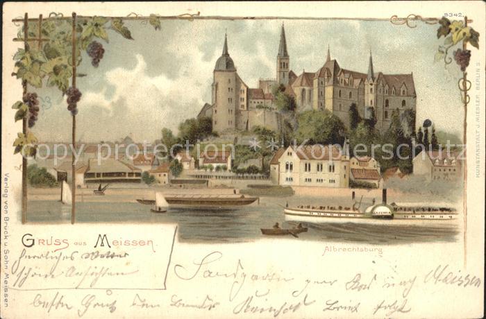 Meissen Elbe Sachsen Dampfer Albrechtsburg Burgberg Kuenstlerkarte