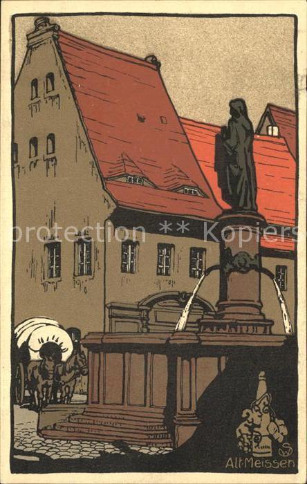 Alt Meissen Elbe Heinrichsplatz Brunnen Kuenstler Steinzeichnung