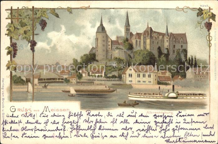 Meissen Elbe Sachsen Burgburg Albrechtsburg Weinreben Dampfer Kuenstlerkarte