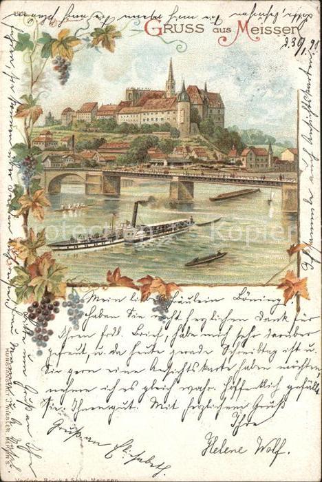 Meissen Elbe Sachsen Elbbruecke Dampfer Burgberg Albrechtsburg Reichspost Litho