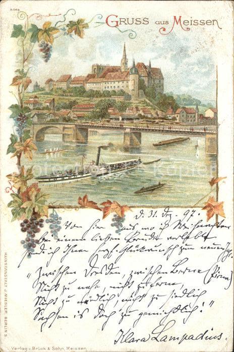Meissen Elbe Sachsen Elbbruecke Dampfer Burgberg Albrechtsburg Reichspost Litho