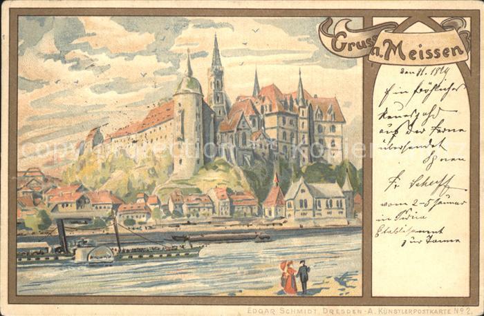 Meissen Elbe Sachsen Dampfer Burgberg Albrechtsburg Kuenstlerkarte