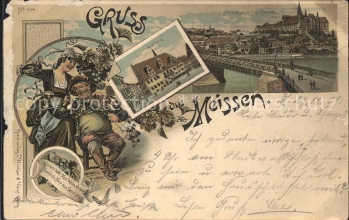 Meissen Elbe Sachsen Wein Trinkspruch Rathaus Elbbruecke Albrechtsburg Litho