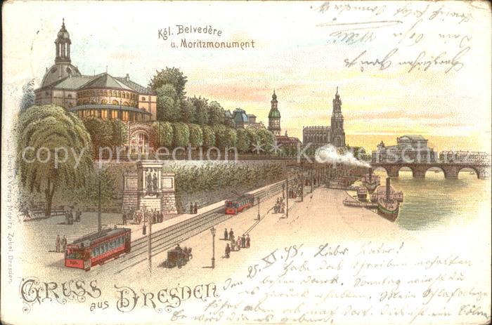 DRESDEN Elbe Kgl Belvedere Moritzmonument Elbbruecke Dampfer Anlegestelle Litho