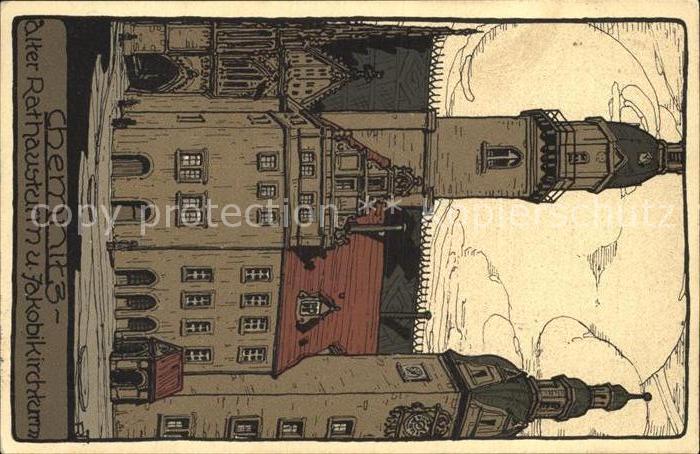 CHEMNITZ Sachsen Alter Rathausturm Jakobikirchturm Kuenstlerkarte