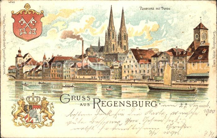 REGENSBURG Bayern Panorama mit Donau  Kuenstlerkarte