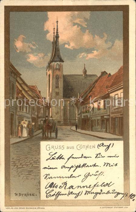 Coethen Kirche Pferdewagen Ortsansicht Kuenstlerkarte