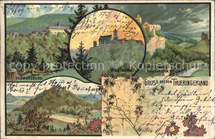 Schwarzburg Thueringer Wald Wartburg Rudelsburg Saaleck Drei Gleichen Litho