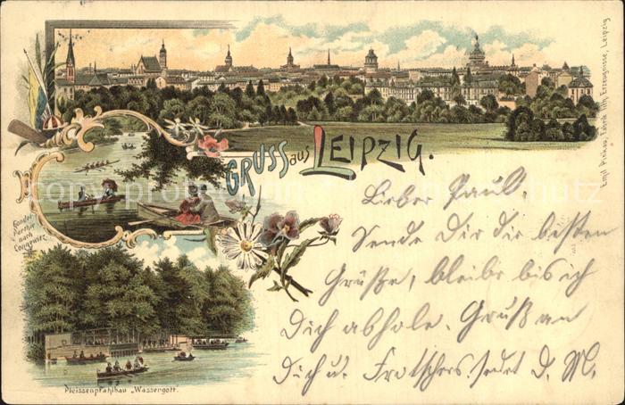 LEIPZIG Sachsen Stadtbild Gondelpartie Pleissenpfahlbau Wassergott Litho