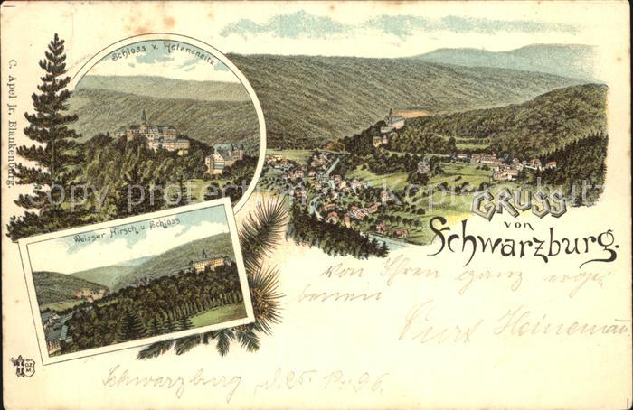Schwarzburg Thueringer Wald Panorama Weisser Hirsch Schloss Litho