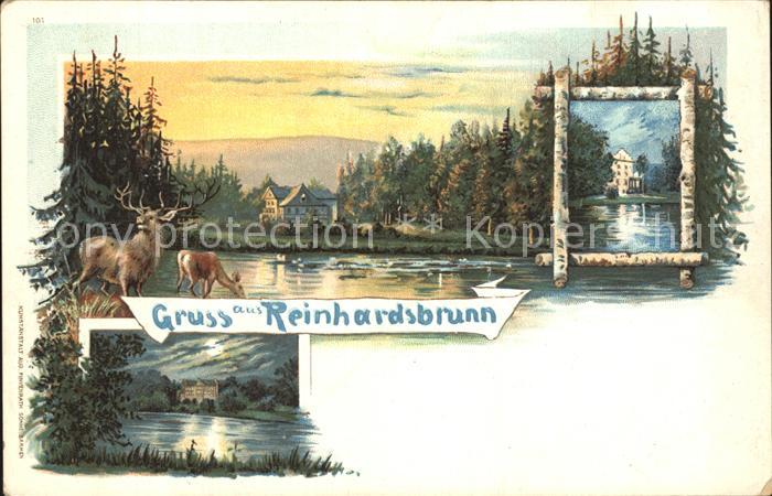 Reinhardsbrunn Schlossteich Sonnenaufgang Hirsch Reh Schloss Kuenstlerkarte