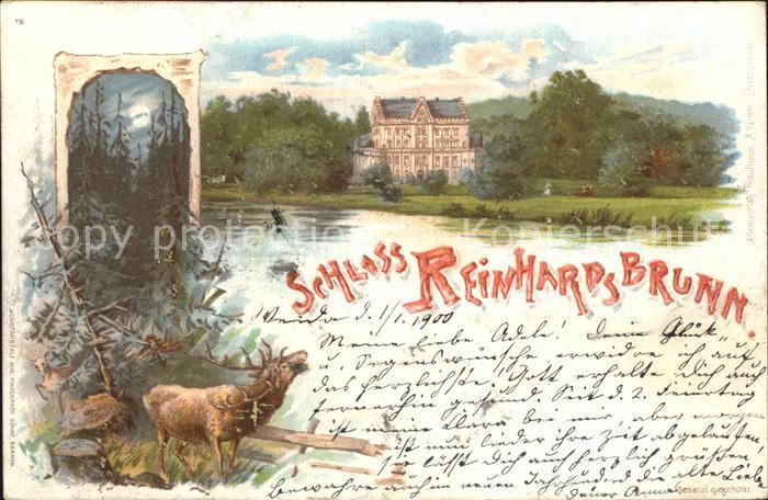 Reinhardsbrunn Schloss Waldpartie im Mondschein Hirsch Kuenstlerkarte