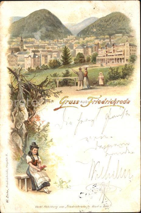 Friedrichroda Blick ueber die Stadt Maedchen Trachten Kuenstlerkarte