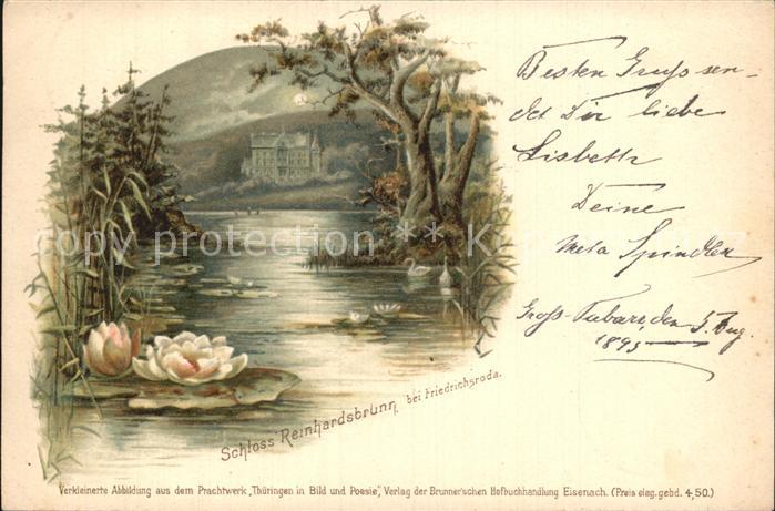 Reinhardsbrunn Schwanenteich Seerosen Schloss im Mondschein Kuenstlerkarte