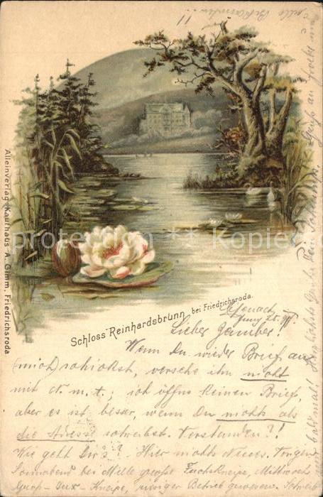 Reinhardsbrunn Schwanenteich Seerosen Schloss Kuenstlerkarte