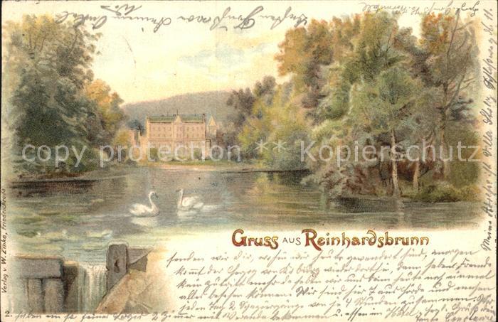Reinhardsbrunn Schwanenteich Schloss Litho
