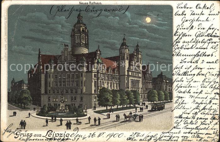 LEIPZIG Sachsen Neues Rathaus im Mondschein Litho