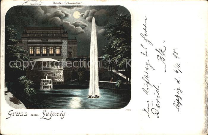 LEIPZIG Sachsen Theater Schwanteich Fontaene im Mondschein Litho