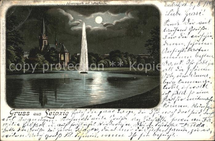 LEIPZIG Sachsen Johannapark Teich Fontaene Lutherkirche im Mondschein Litho