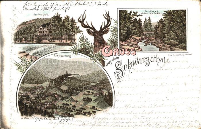Schwarzatal Loesche's Hall Steinerne Bruecke Schwarzburg Hirsch Litho Reichspost