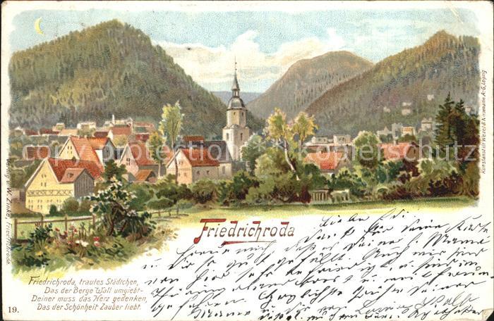 Friedrichroda Ortsansicht mit Kirche Gedicht Litho