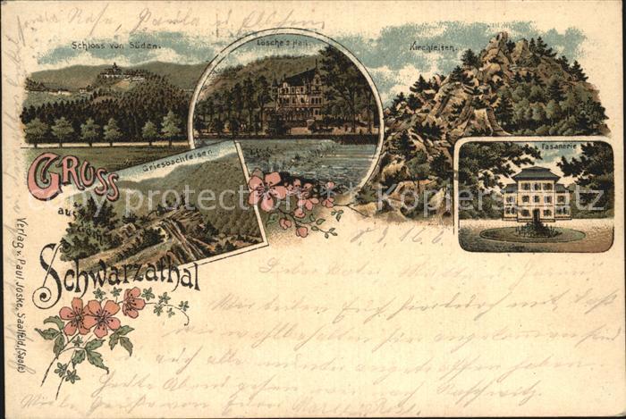 Schwarzatal Schloss Loesche's Hall Kirchfelsen Fasanerie Griesbachfelsen Litho