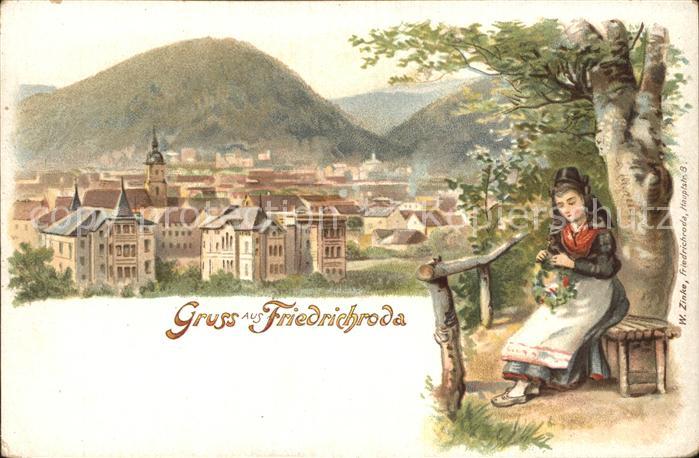 Friedrichroda Ortsansicht mit Kirche Maedchen Trachten Litho