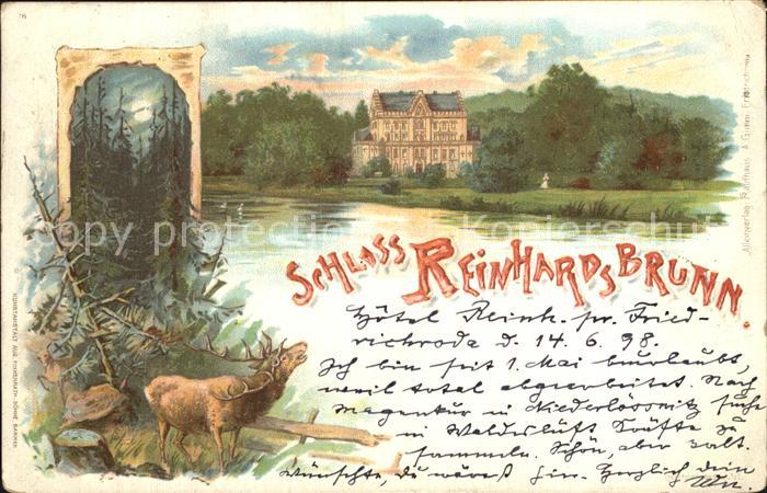 Reinhardsbrunn Schloss Teich Hirsch Waldpartie im Mondschein Litho