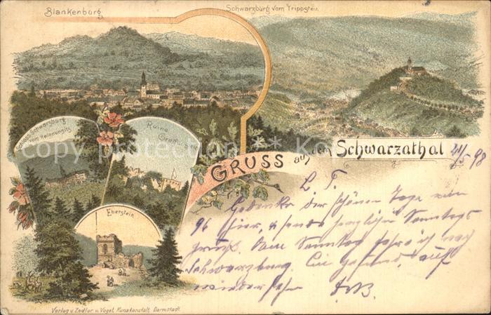 Schwarzatal Blankenburg Schwarzburg vom Trippstein Schloss Ruine Eberstein Litho