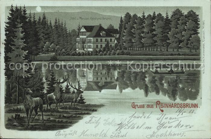 Reinhardsbrunn Schloss im Mondschein Teich Hirsche Litho