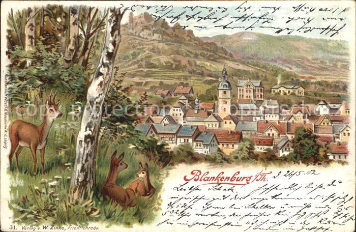 Blankenburg Bad Ansicht vom Waldrand aus Rehe Litho