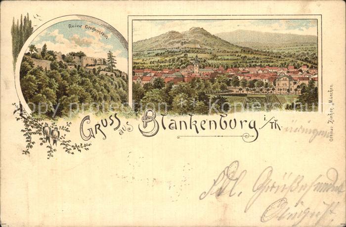 Blankenburg Bad Panorama Ruine Greifenstein Litho