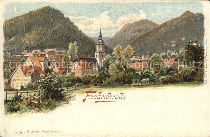 Friedrichroda Ortsansicht mit Kirche Litho