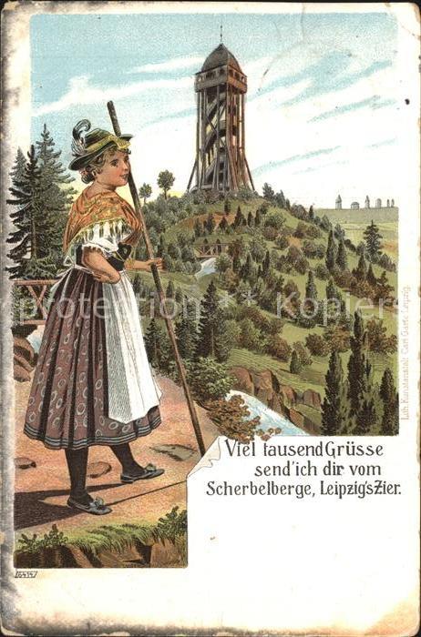 LEIPZIG Sachsen Scherbelberg Aussichtsturm Trachten Leipziger Berge Litho