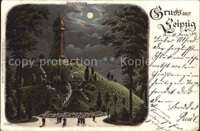 LEIPZIG Sachsen Scherbelberg Aussichtsturm Leipziger Berge im Mondschein Litho