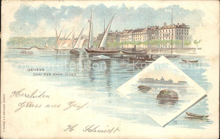 Geneve GE Quai des Eaux Vives Lac Leman Dessin Kuenstlerkarte