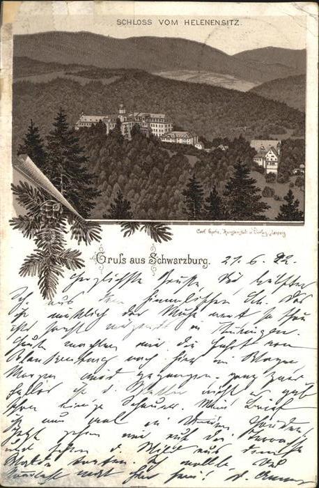 Schwarzburg Thueringer Wald Schloss Blick vom Helenensitz Litho
