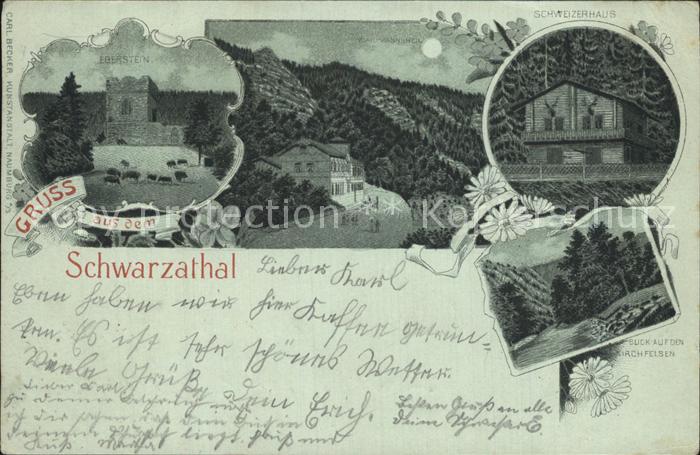 Schwarzatal Eberstein Gaststaette Schweizerhaus im Mondschein Kirchfelsen Litho